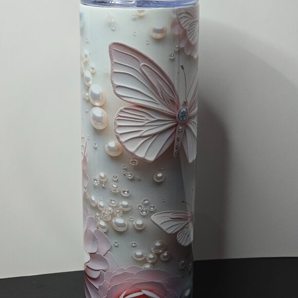 Pink 3D Butterflies and Flowers 20 oz Tumbler - Picture 2 of 4